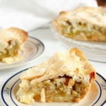 Photo of two plates and a pie dish with Double Crust Rhubarb Custard Pie Recipe